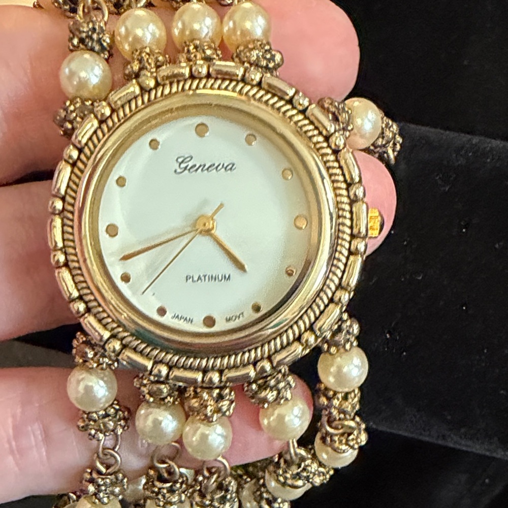 Geneva Gold-Tone Pearl Bracelet Watch